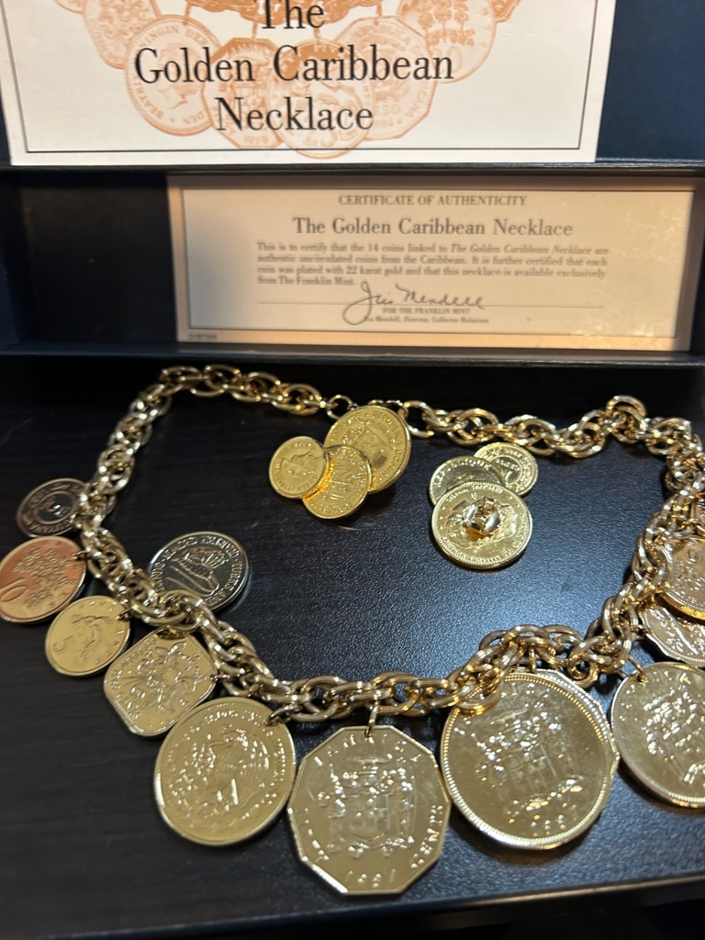 Joan Rivers “Golden Caribbean Necklace” REAL Coin Charm Necklace w/ COA & Box